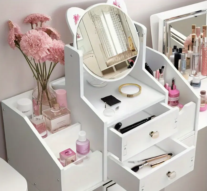 🌸Organizador de Maquillaje con Espejo y Orejitas de Gato