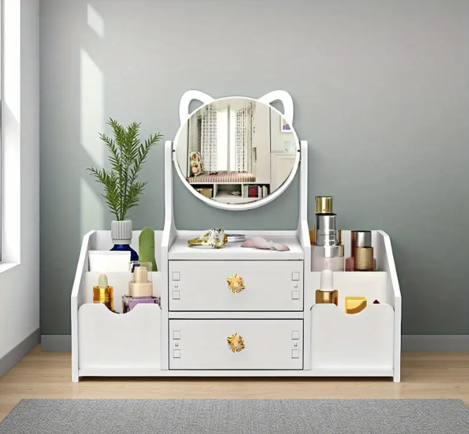🌸Organizador de Maquillaje con Espejo y Orejitas de Gato